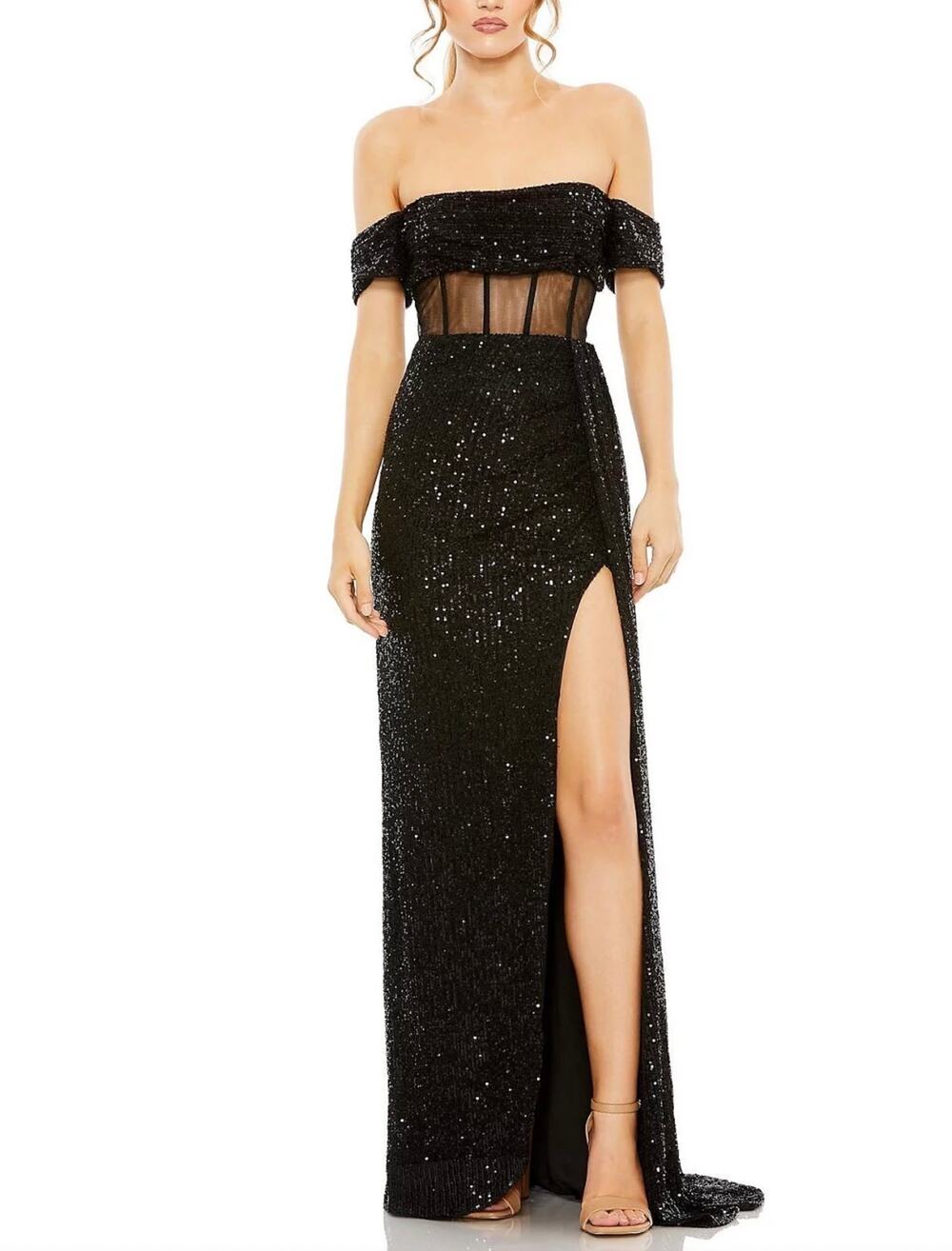 Mac Duggal 11665 Black Evening Gown Sequin Off the Shoulder Corset Dress Size 4